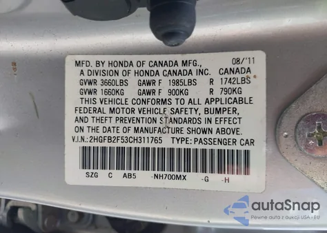 2012 Honda Civic Lx из США, поврежденный, VIN 2HGFB2F53CH311765